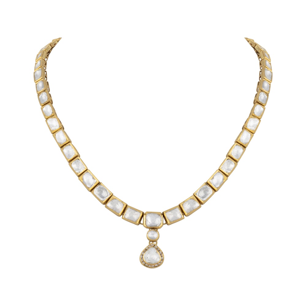 Square Polki Linear Necklace with Drop Pendant
